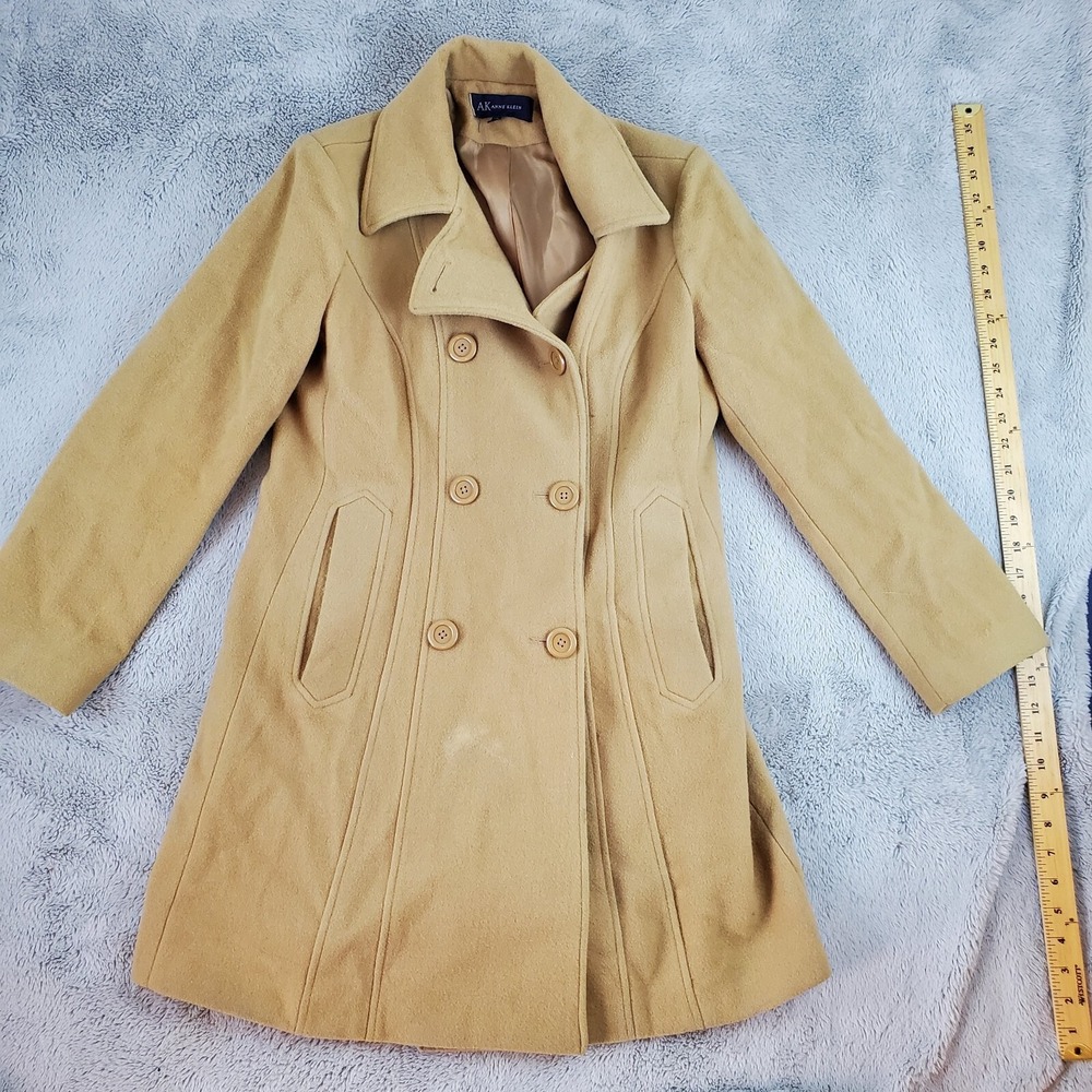 Anne Klein Wool Blend Pea Coat Womens PS Double Breasted Long Trench Camel Tan
